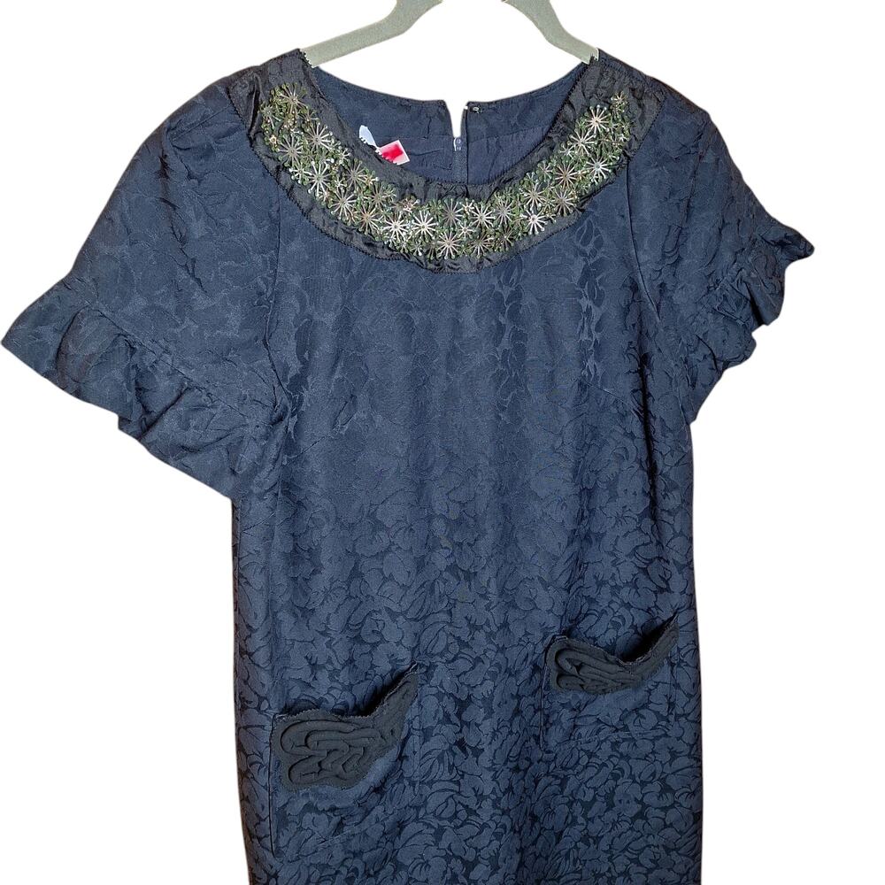 Vera Wang brocade navy blue mini sheath dress with pockets silk blend beaded - Picture 6 of 6